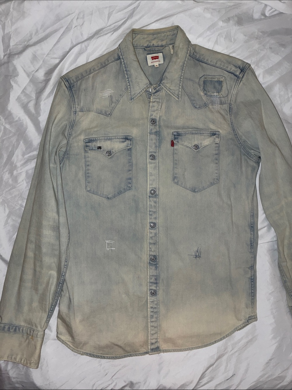 Levi's Pale Blue Distressed Denim Western Shirt - Picture 4 of 5